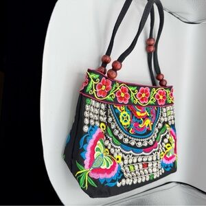 Embroidered Floral Black Handbag